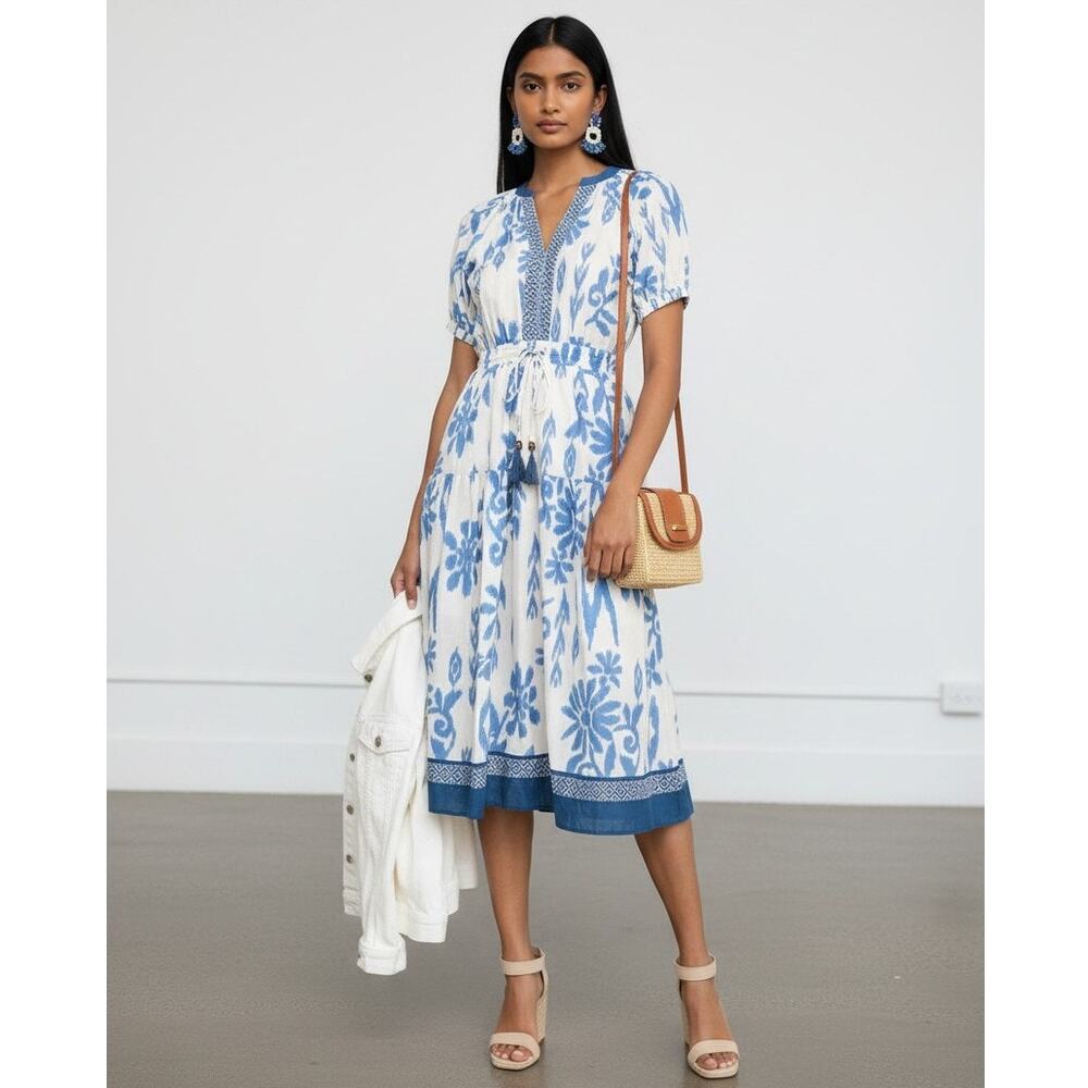 Pinch Coastal Comfort Blue White Floral Ikat Midi Dress Tassel Waist Size M NWT